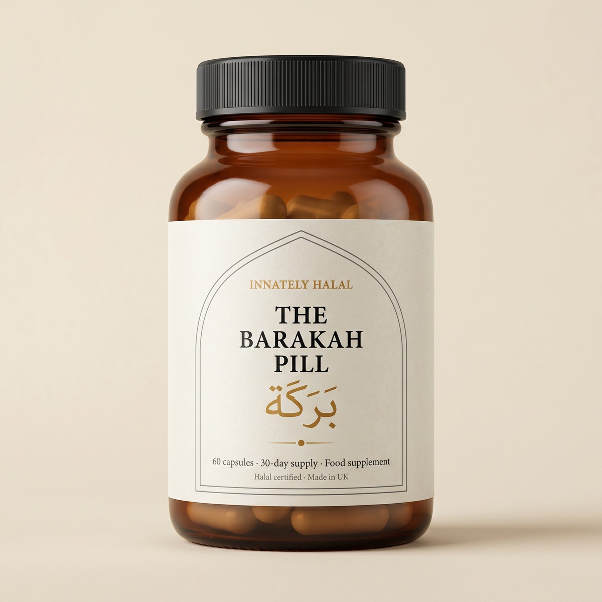 The Barakah Pill — amber glass apothecary bottle with cream label, matte black cap