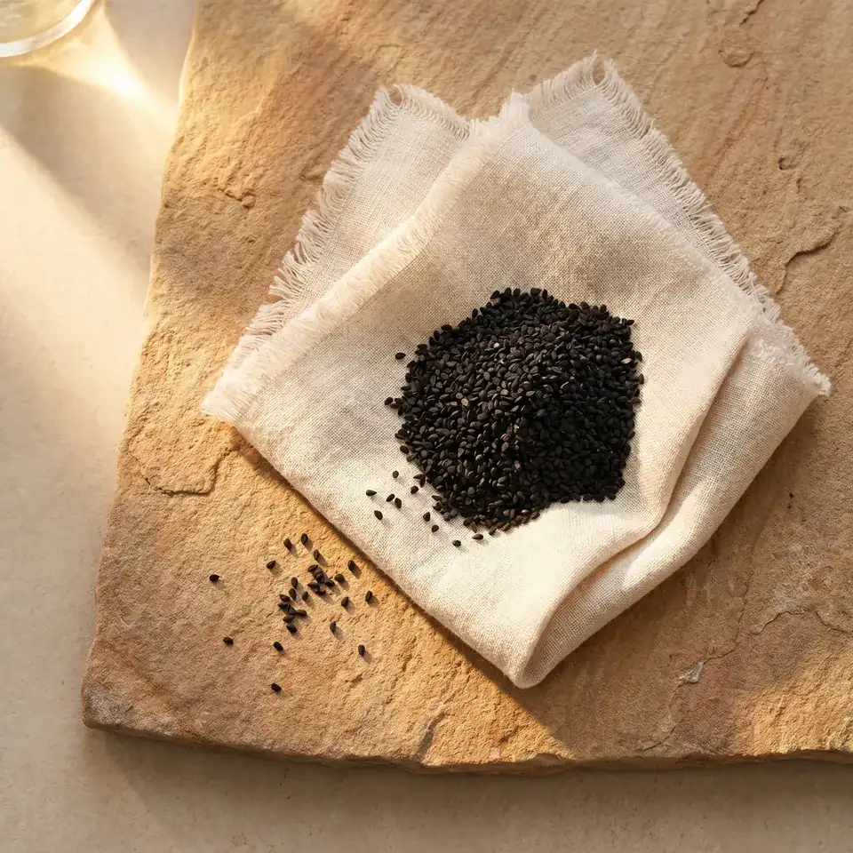 Black seed on cream linen and warm stone, from the Innately Halal brand imagery collection