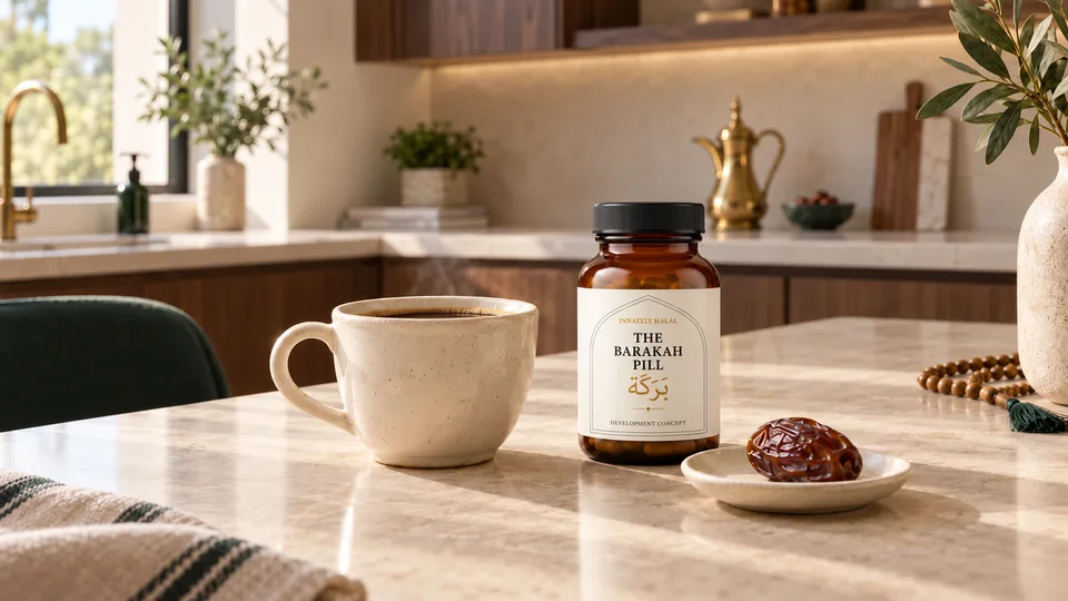 Coffee, a Medjool date and a Barakah Pill development concept in a refined walnut-and-stone kitchen