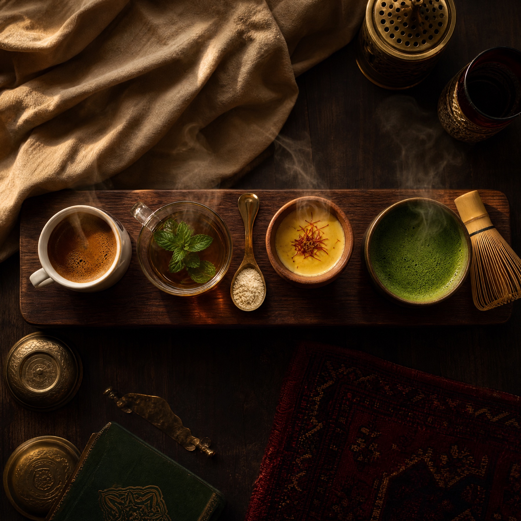 A long dark walnut serving board with Turkish coffee, Moroccan mint tea, Persian chai with saffron, and matcha — with the brass Barakah Powder scoop centred.