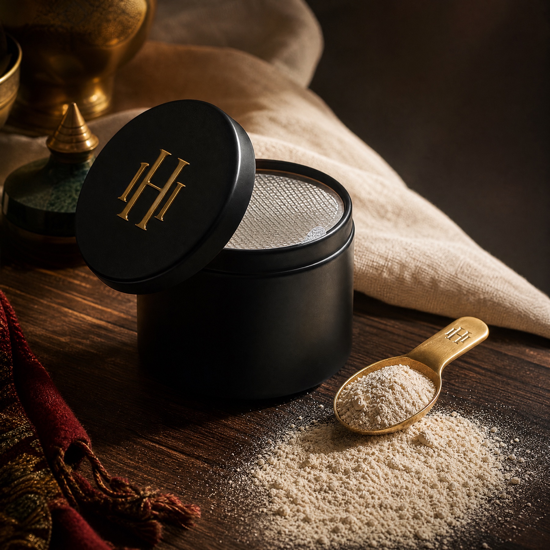 Barakah Powder — matte-black metal apothecary tin with brass IH-embossed lid, brass scoop, fine ivory powder spilled on dark walnut.
