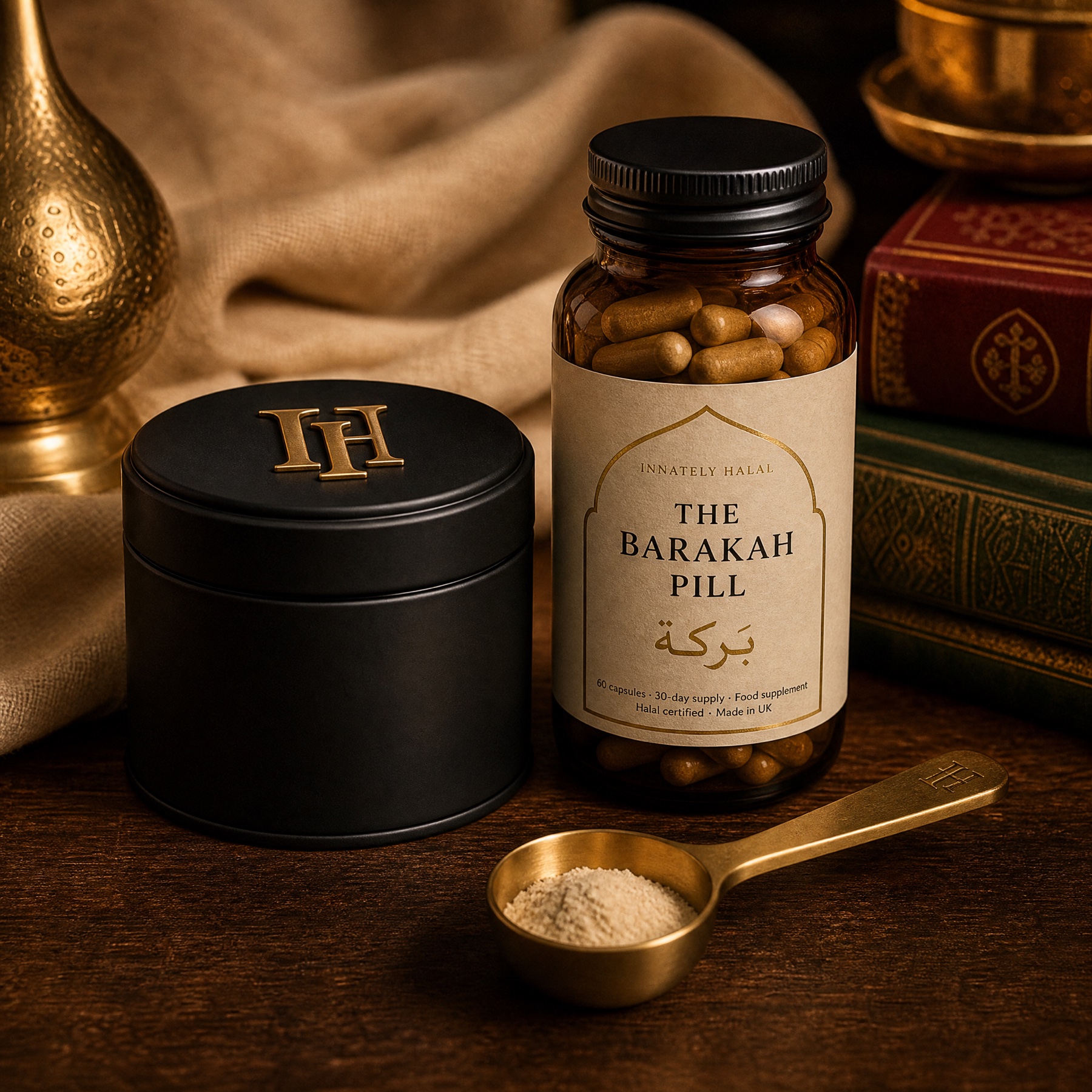 Barakah Powder tin shown beside The Barakah Pill bottle — sibling products on the same apothecary shelf.
